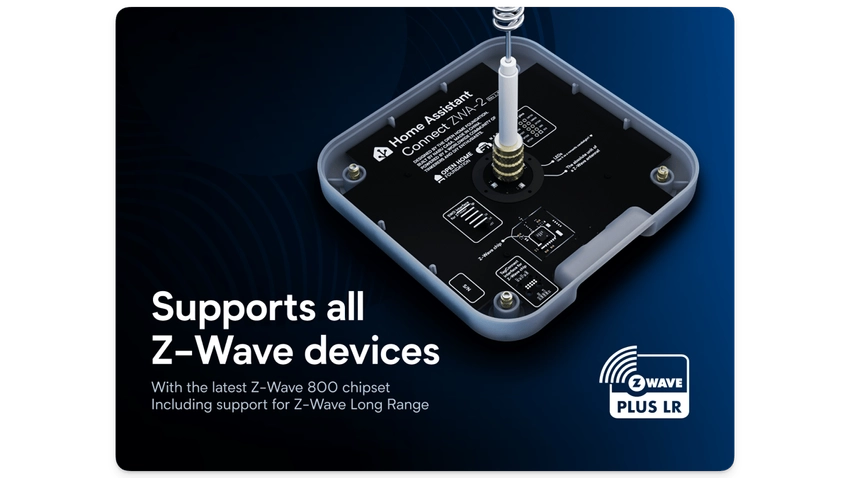 Vista isométrica del interior del Home Assistant Connect ZWA-2, mostrando el chipset Z-Wave 800