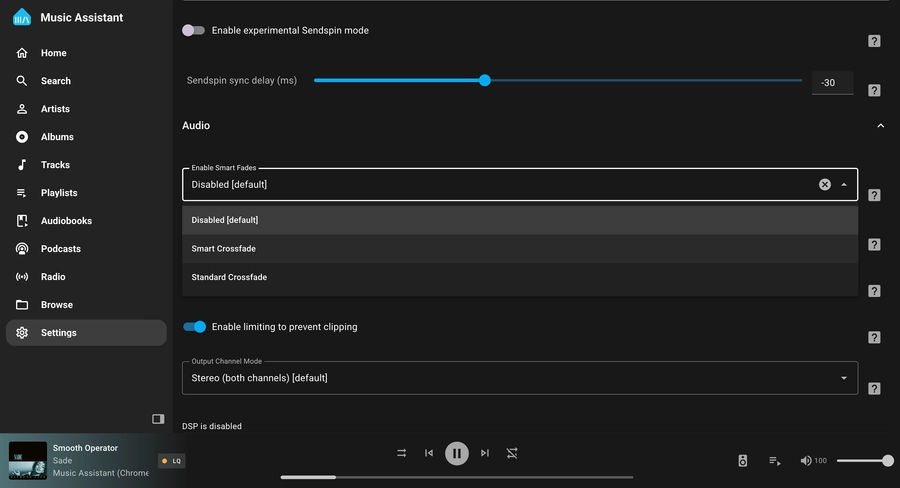 Music Assistant 2.7: Transmisión Total 4 Screenshot of the Music Assistant app showing the smart fades setting
