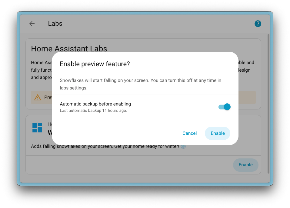 Home Assistant: Festividades 2025 2 Captura de pantalla que muestra la opción de copia de seguridad al habilitar una función de vista previa.