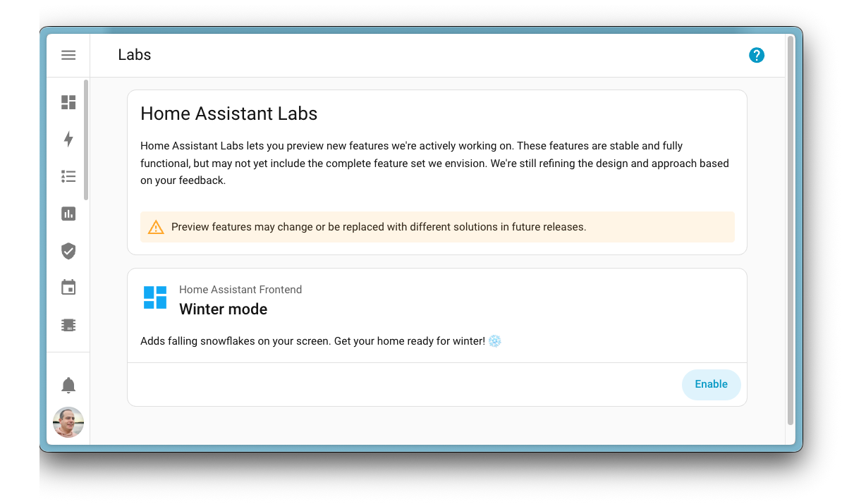 Home Assistant: Festividades 2025 1 Captura de pantalla que muestra el nuevo panel de Home Assistant Labs con funciones de vista previa que puedes habilitar o deshabilitar.