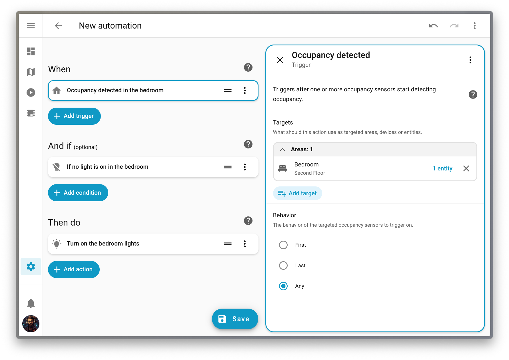 Home Assistant 2026.1: Casa con Dashboard 🥂 3 Captura de pantalla que muestra los nuevos disparadores y condiciones específicos por propósito en el editor de automatizaciones.