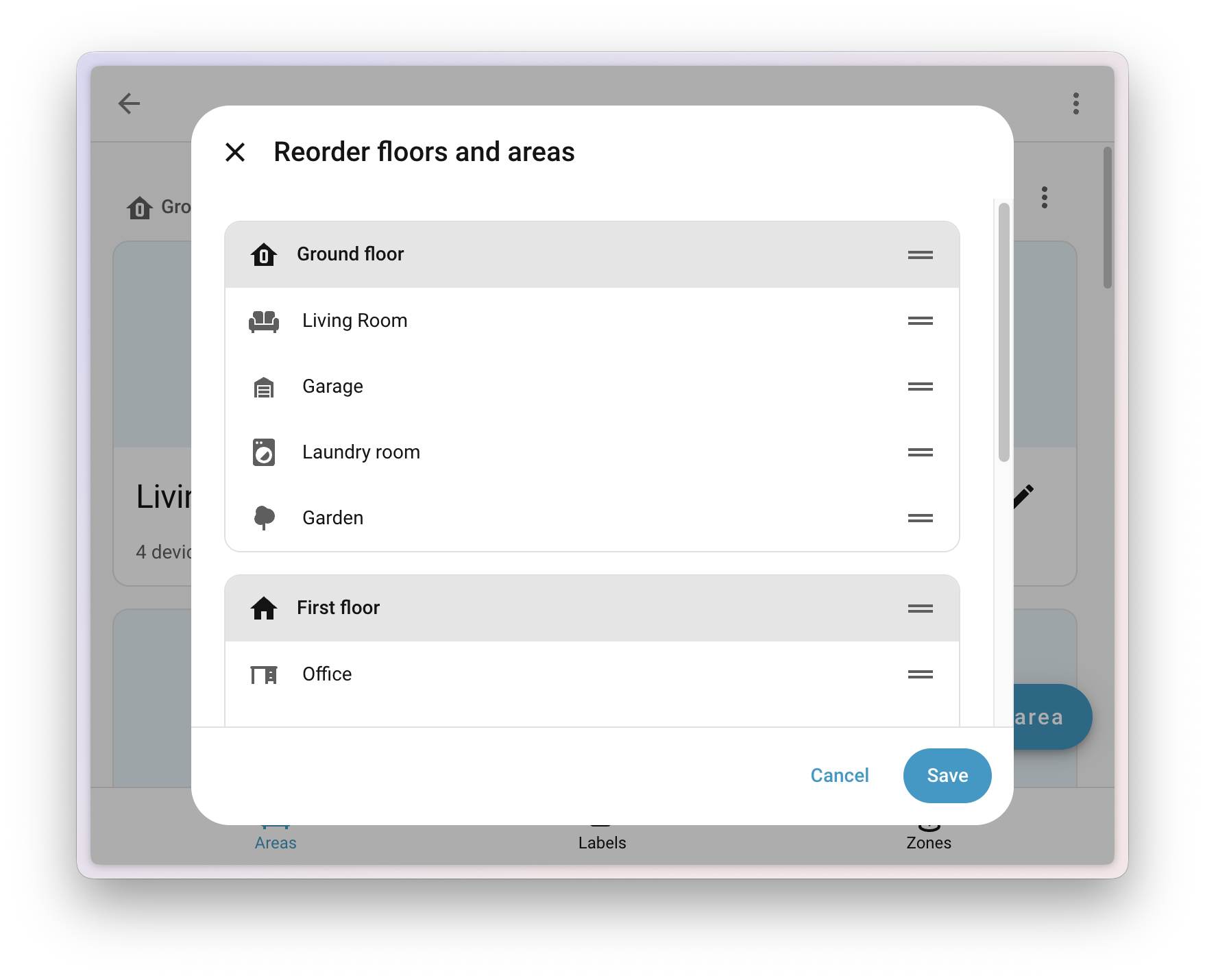 Home Assistant: Festividades 2025 7 Captura de pantalla que muestra el menú de reordenar áreas y pisos.