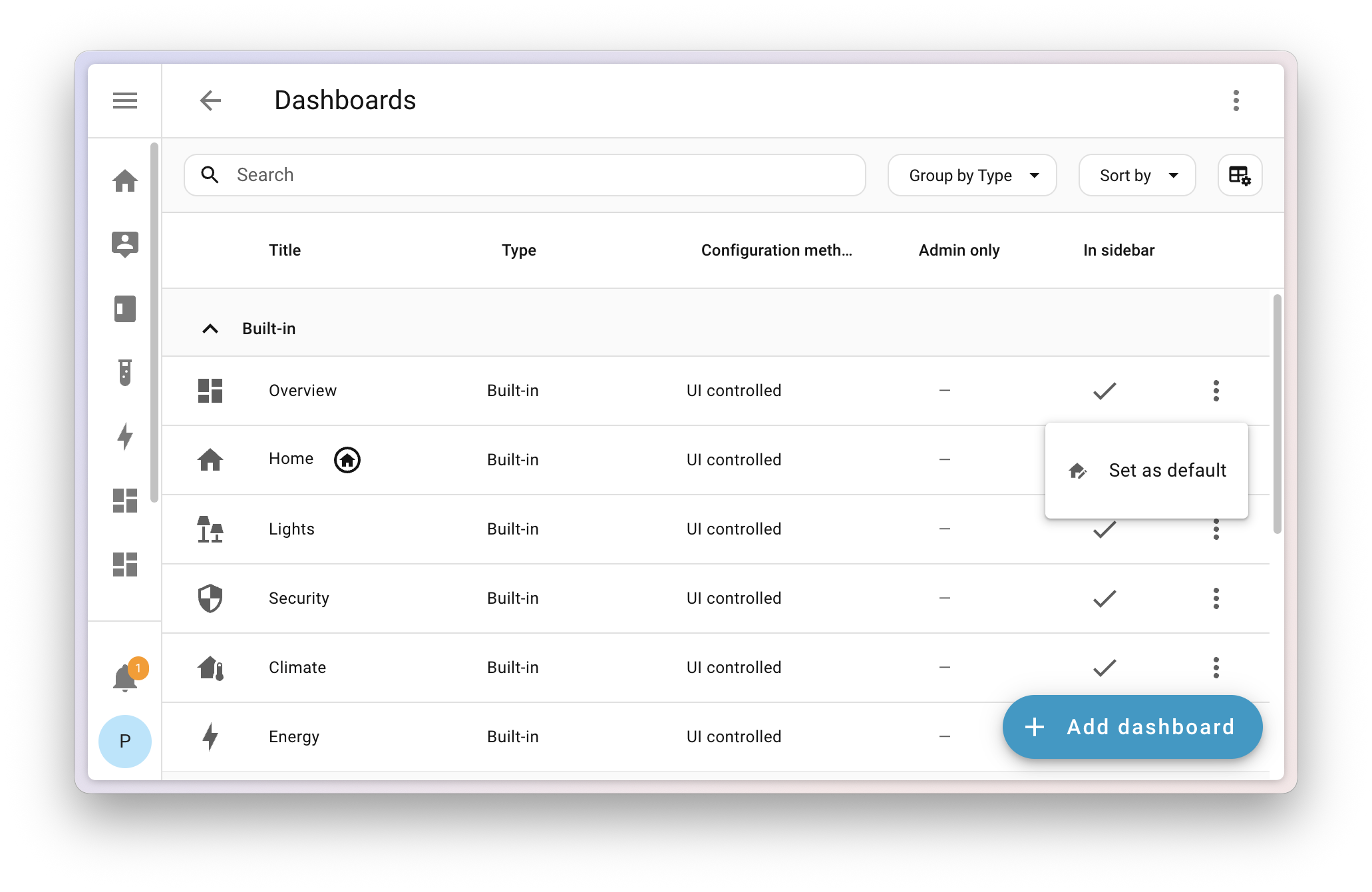 Home Assistant: Festividades 2025 6 Captura de pantalla que muestra la página de configuración del Dashboard y la opción de hacer cualquier dashboard por defecto en el menú de los tres puntos.