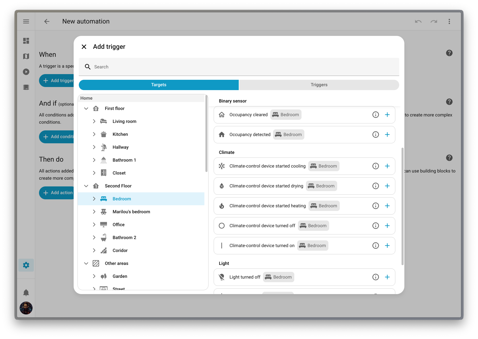 Home Assistant: Festividades 2025 5 Captura de pantalla que muestra el nuevo selector de primera elección de objetivo para triggers, condiciones y acciones.