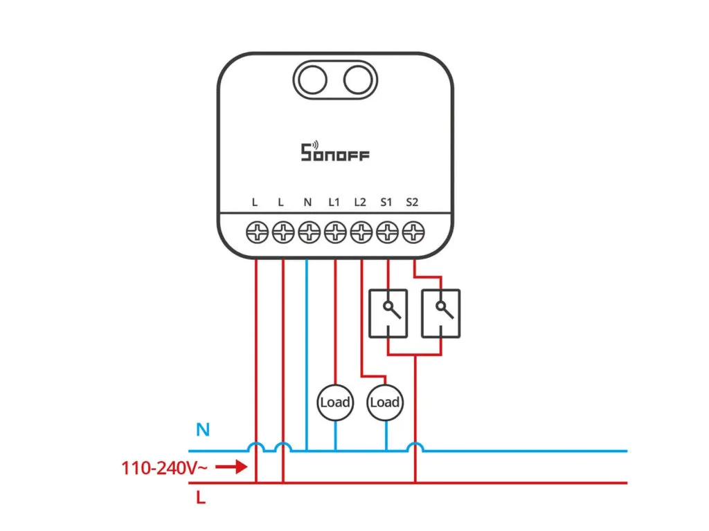 Revisión Sonoff MINI DUO-L 15 Sonoff MINI DUO: Diagrama de Cableado Control 1 Vía