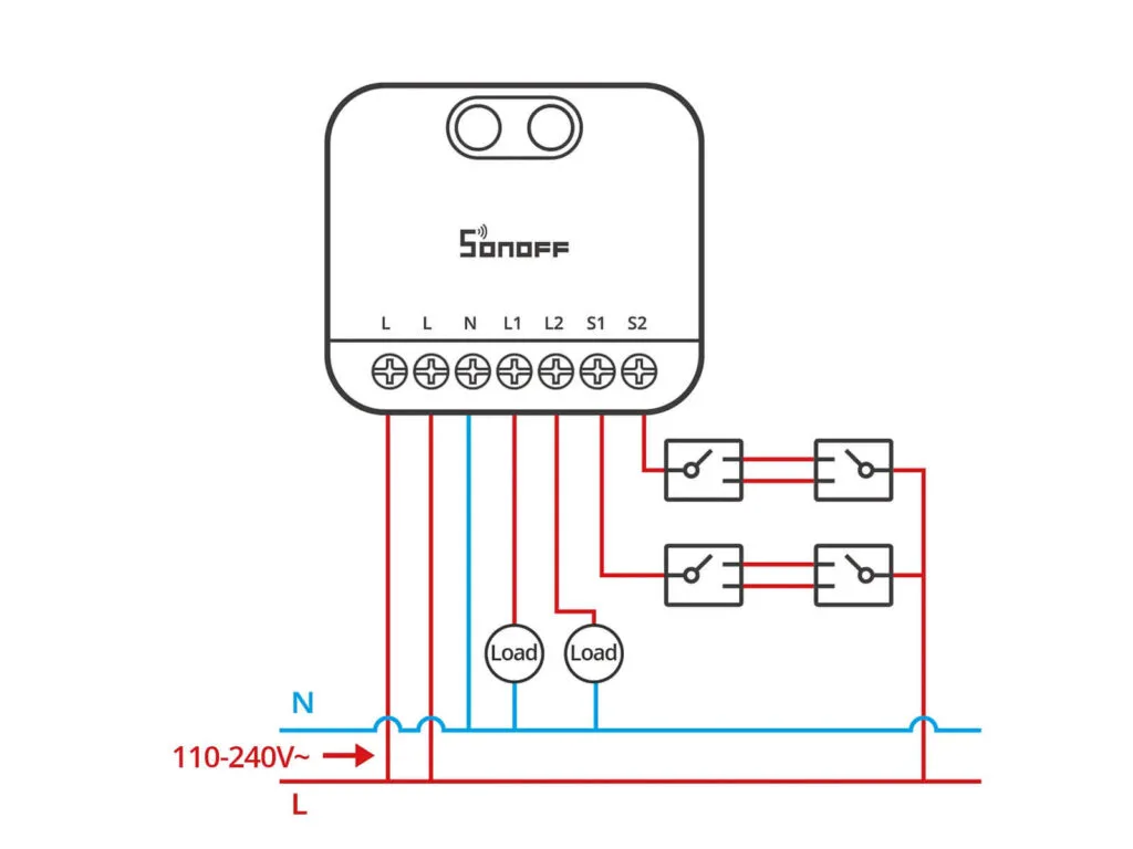Revisión Sonoff MINI DUO-L 17 Sonoff MINI DUO: Diagrama de Cableado Control 2 Vías