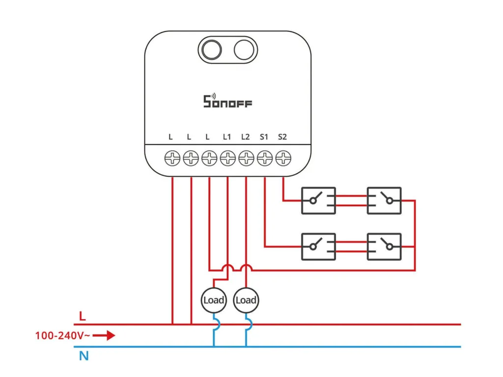 Revisión Sonoff MINI DUO-L 21 Sonoff MINI DUO-L: Diagrama de Cableado Control 2 Vías