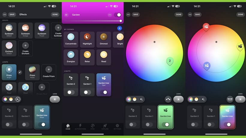 Análisis Luces Philips Hue 17 Selección de color y escena en la app de Philips Hue para las Luces de Exterior Festavia Globe.
