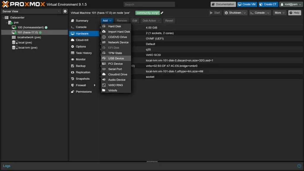 Guía Proxmox 9 Home Assistant 16 Proxmox 9 Passthrough de USB