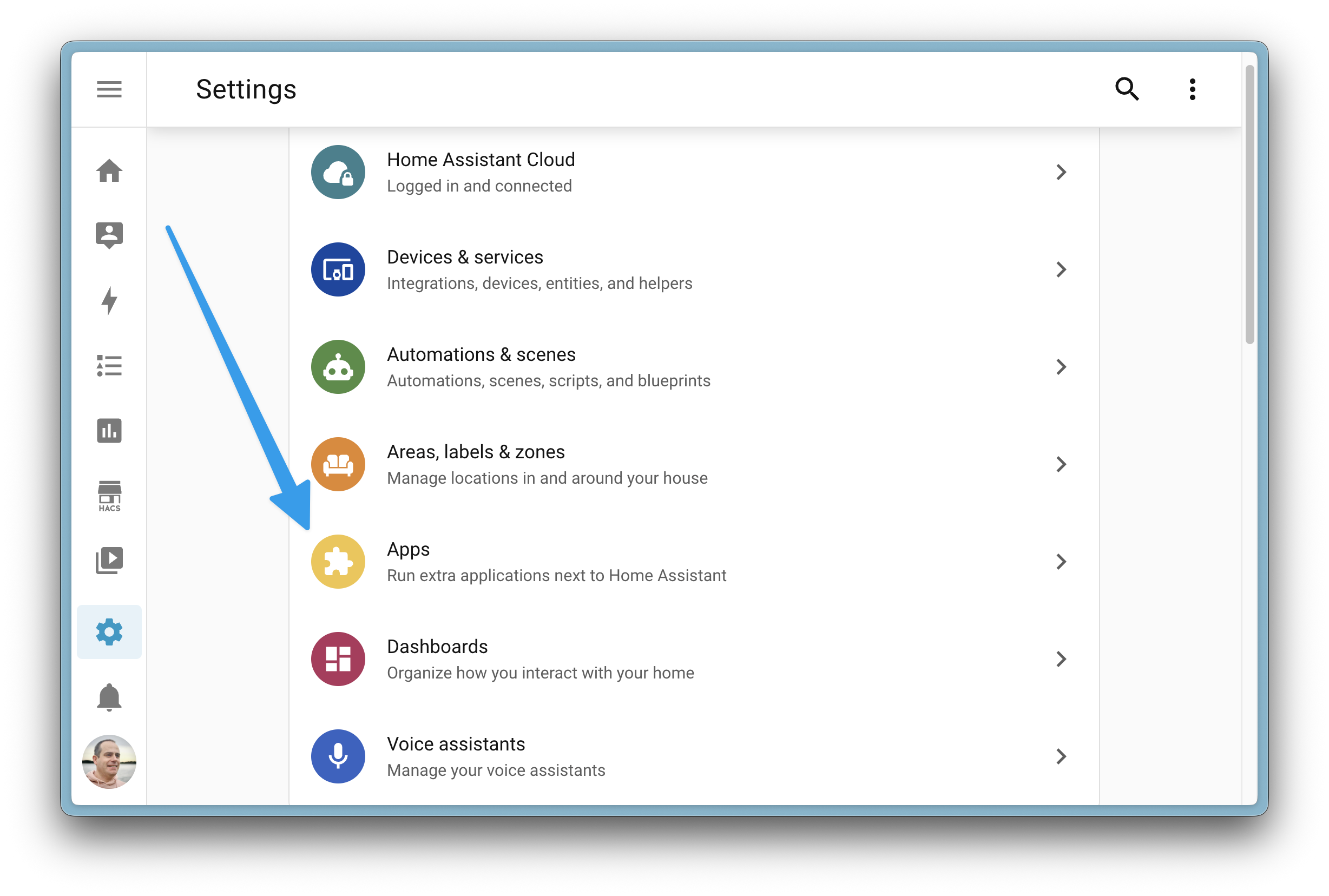 Captura de pantalla mostrando el menú de ajustes, que ahora contiene elementos de Apps en lugar de Add-ons (como se llamaba anteriormente)