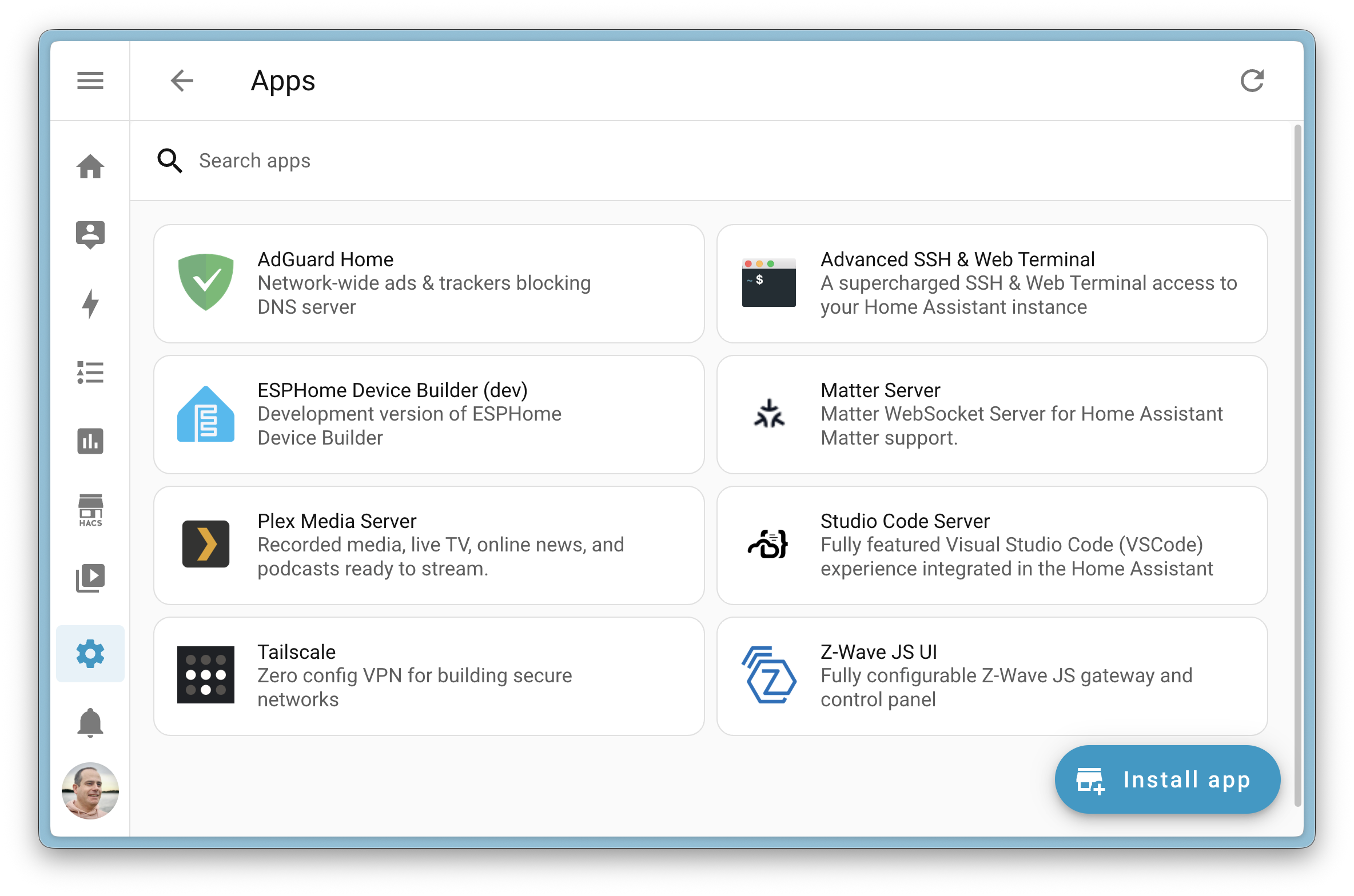 Captura de pantalla del panel de Apps de Home Assistant.