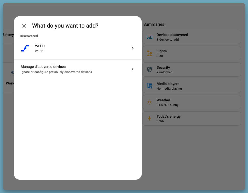 Captura de pantalla de la vista modal para añadir dispositivos descubiertos desde Inicio