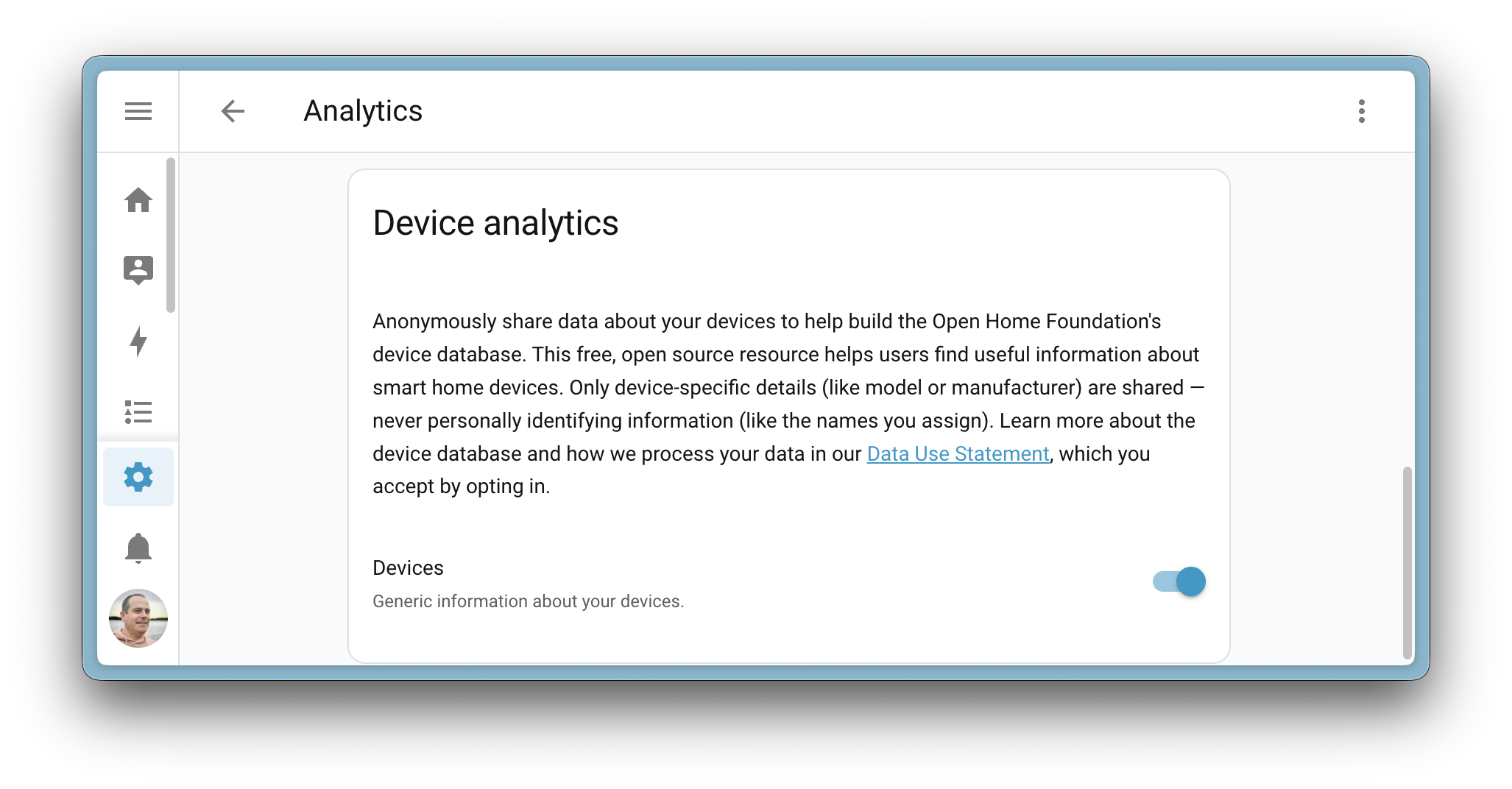 Captura de pantalla de la sección de análisis de dispositivos en Home Assistant Labs.