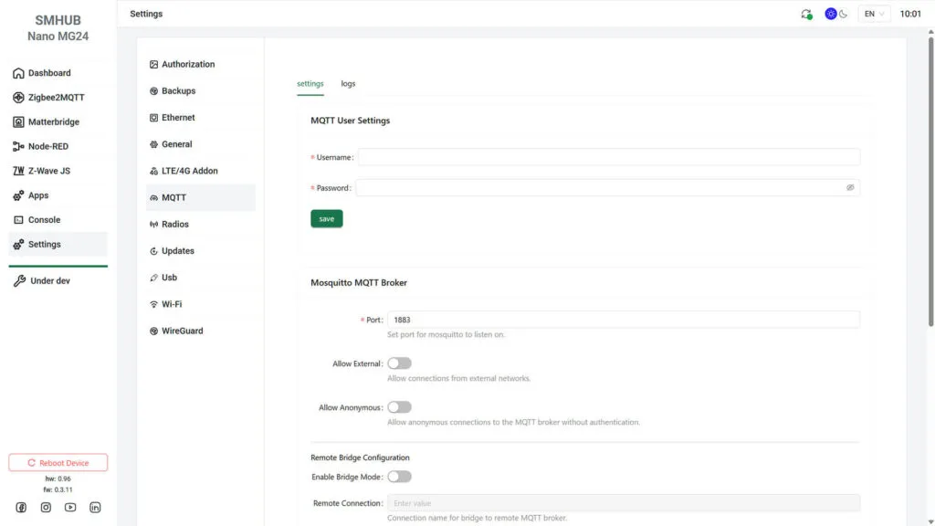Reseña Hub Inteligente SMHUB 17 Configuración del Broker MQTT del Dashboard SMLight SMHUB Nano MG24