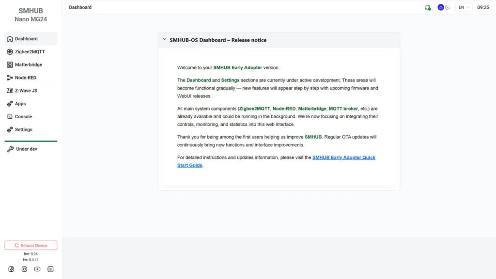 Reseña Hub Inteligente SMHUB 15 Pantalla de bienvenida del Dashboard SMLight SMHUB Nano MG24