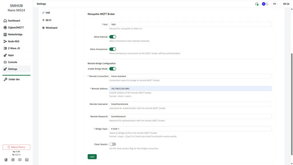 Reseña Hub Inteligente SMHUB 27 SMLight SMHUB Nano MG24 conectándose a un broker MQTT remoto