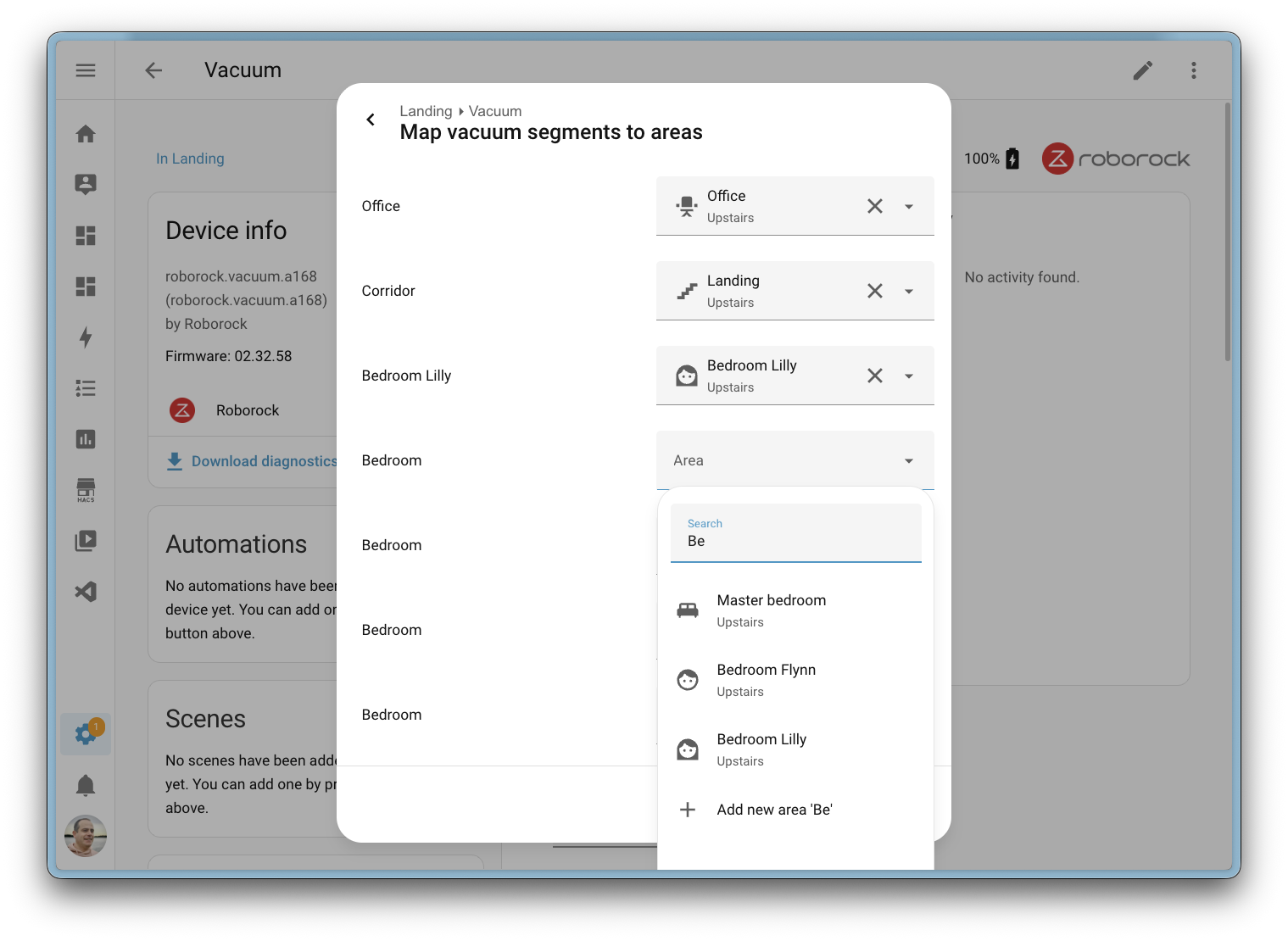 Domótica Limpia 2026.3 1 Captura de pantalla del diálogo de mapeo de áreas del aspirador, que permite mapear segmentos del aspirador a áreas de Home Assistant.