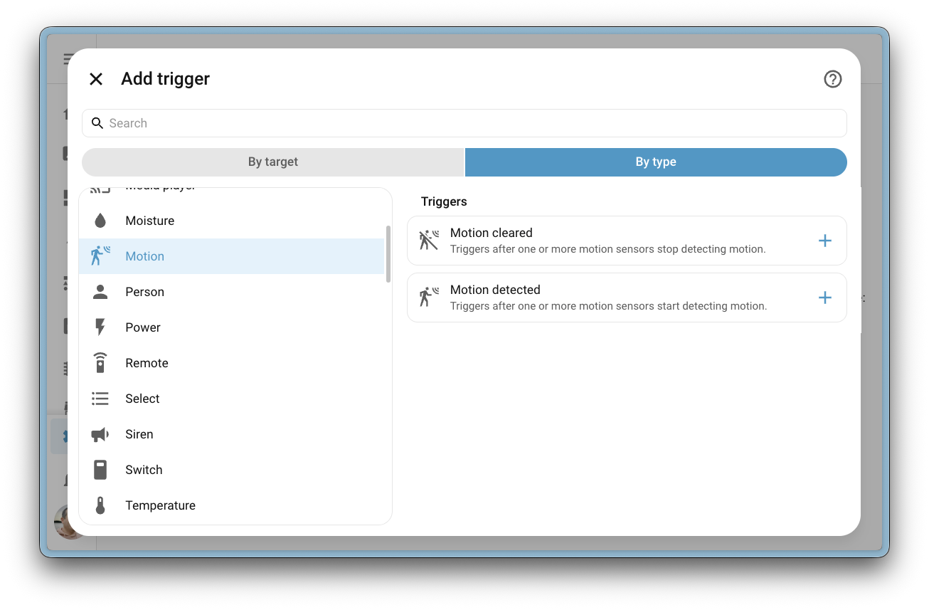 Infrarrojos: Home Assistant 2026.4 3 Captura de pantalla del diálogo Añadir disparador en el editor de automatización, mostrando las nuevas categorías de disparadores entre dominios como Humedad, Luminancia, Movimiento, Ocupación y Potencia. La categoría Movimiento está seleccionada, revelando los disparadores Detección de movimiento y Movimiento finalizado.