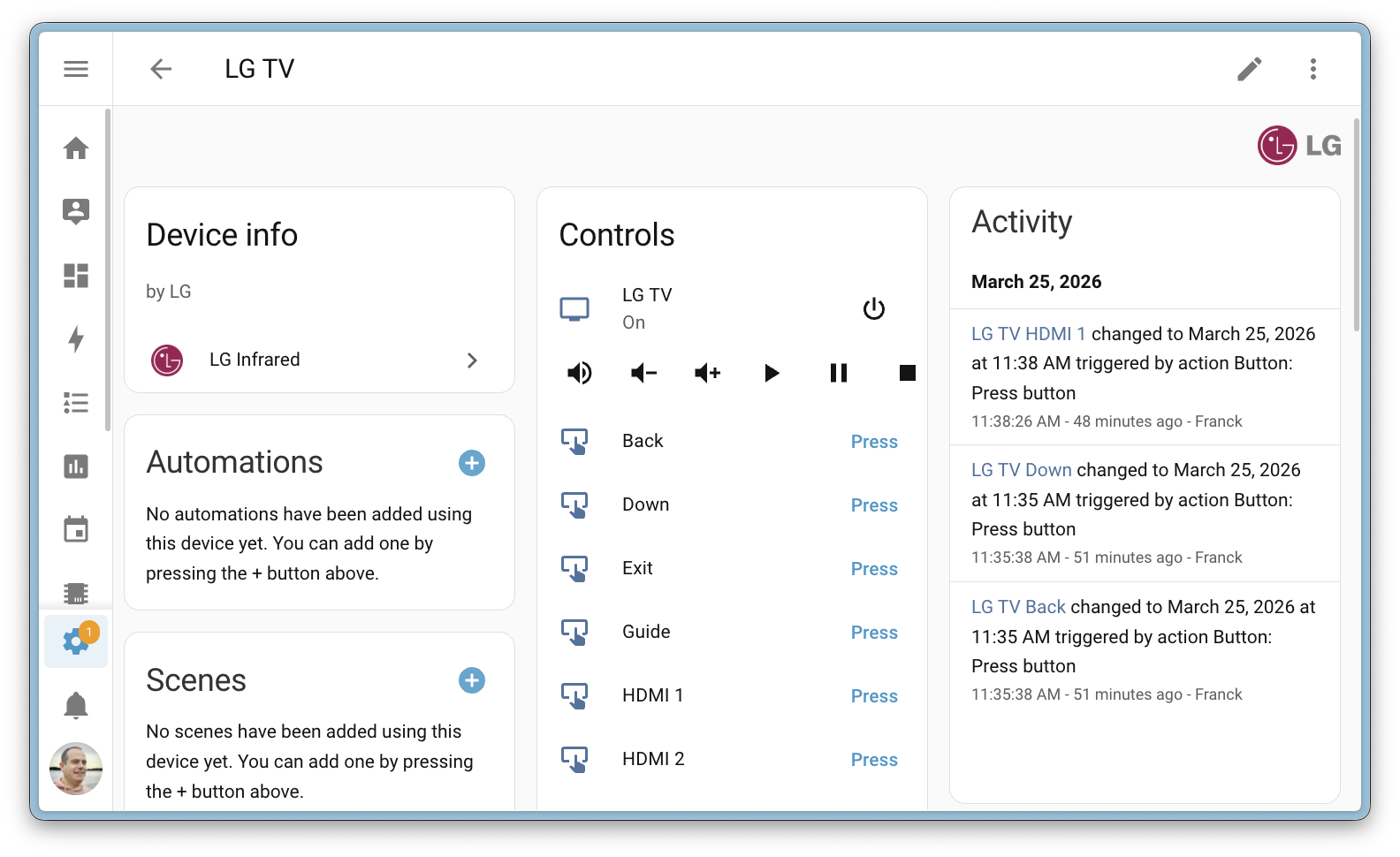 Infrarrojos: Home Assistant 2026.4 2 Captura de pantalla de la página del dispositivo TV LG en Home Assistant, mostrando controles de reproductor multimedia para encendido, volumen y reproducción, junto con entidades de botones para navegación, selección de entrada HDMI y otras funciones del mando a distancia.