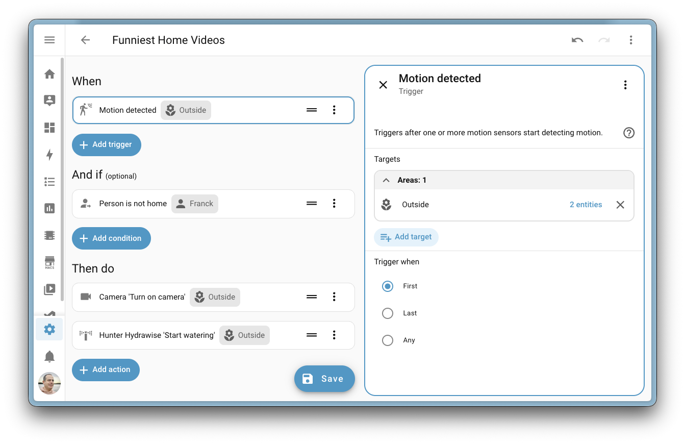 Infrarrojos: Home Assistant 2026.4 4 Captura de pantalla de una automatización en el editor visual utilizando un disparador entre dominios Detección de movimiento dirigido al área Exterior, combinado con una condición Persona no está en casa, y acciones para grabar una secuencia de cámara y comenzar el riego.