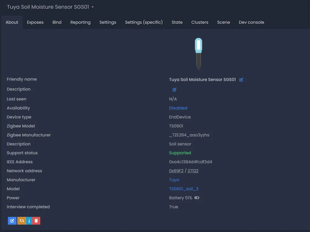 Tuya Zigbee Soil Moisture Sensor SGS01 Added to Zigbee2MQTT