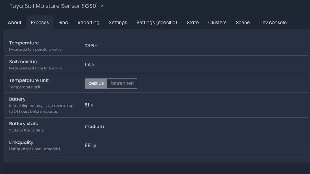 Tuya Zigbee Soil Moisture Sensor SGS01 Zigbee2MQTT exposes