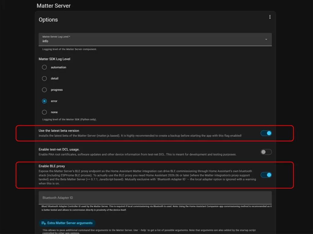 Configuración Matter Sin Teléfono 3 Enable Bluetooth Proxies in Matter Server Add-on Home Assistant