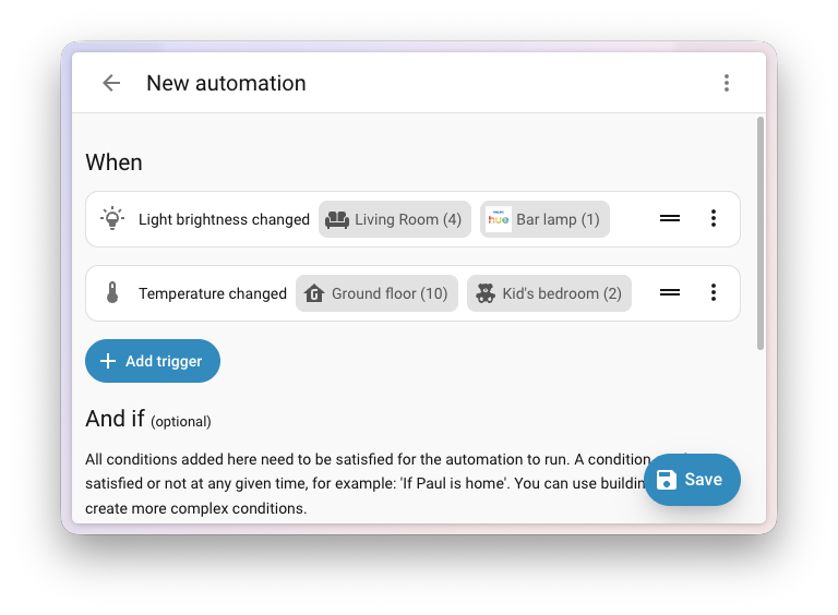 Home Assistant 2026.6: Cartas 2 Captura de pantalla de una fila de automatización que muestra el número de entidades junto a cada objetivo de dispositivo y área.