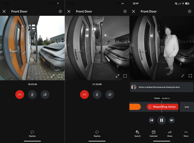 Reseña Timbre Video Ring 9 Montaje de capturas de pantalla de Android que muestra grabaciones capturadas