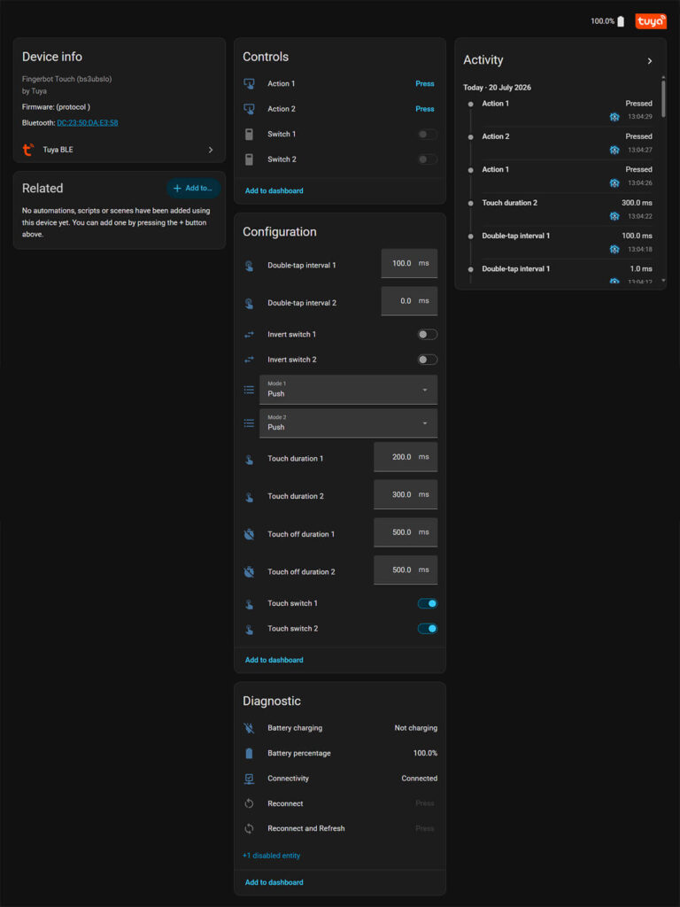 Control Tuya Fingerbot 15 Tuya Fingerbot Touch Integrado en Home Assistant