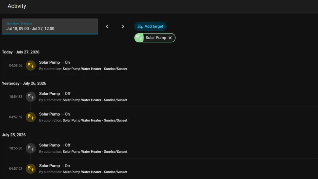 Registro de Actividad de Automatización de Calentador Solar en Home Assistant