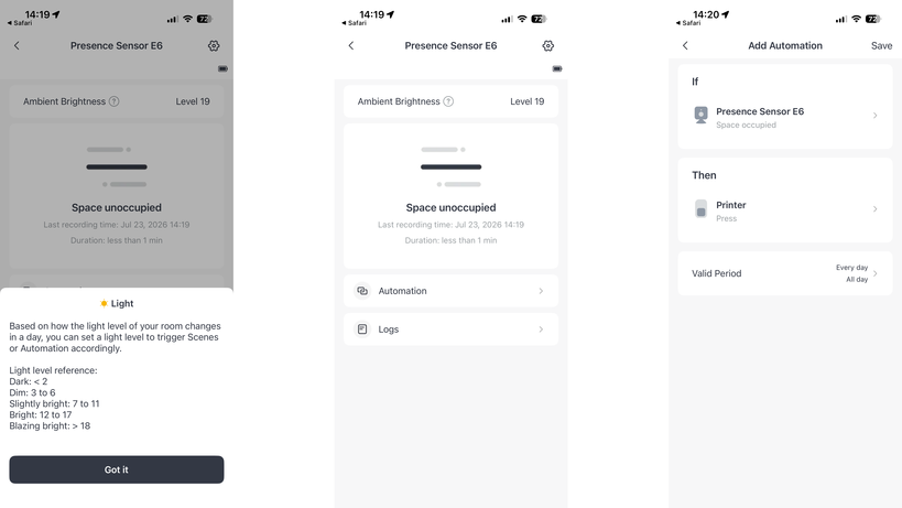 Configuración de automatización del Sensor de Presencia mmWave SwitchBot en la app