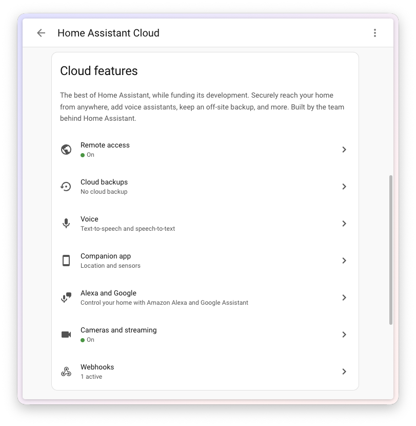 Design accesible 2026.8 5 Captura de pantalla de la parte inferior de la página rediseñada de Home Assistant Cloud, mostrando más funciones de la nube y sus configuraciones.