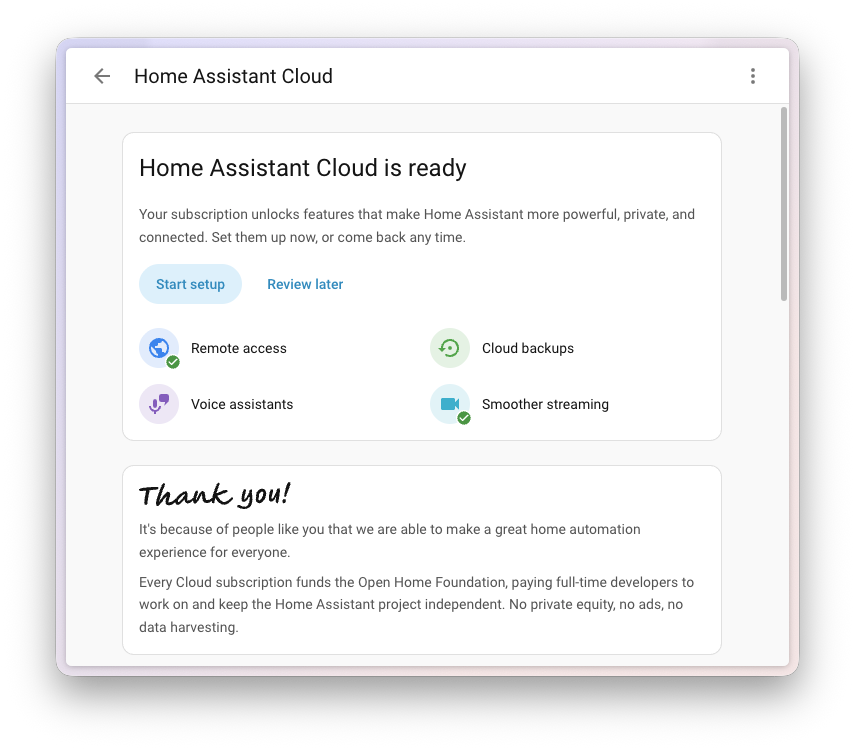 Design accesible 2026.8 4 Captura de pantalla de la parte superior de la página rediseñada de Home Assistant Cloud, mostrando la vista general con cada función de la nube en su propio espacio.