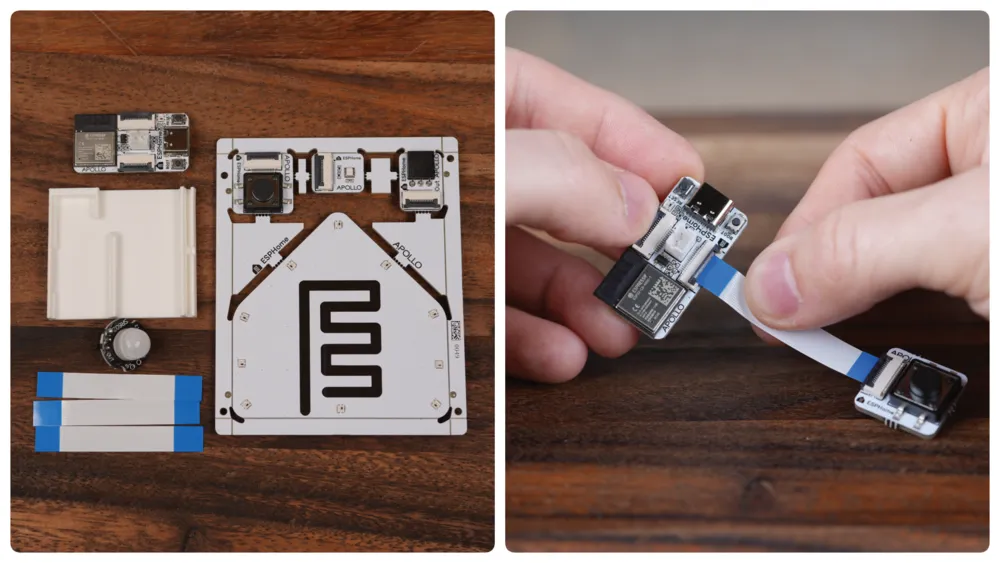 Kit ESPHome: Empieza Hoy 4 Imagen dividida en dos: a la izquierda, componentes del Kit de Inicio ESPHome dispuestos sobre una superficie de madera, incluyendo la placa principal, módulos, cables planos y soporte; a la derecha, manos conectando un cable plano entre la placa principal y el módulo de botón.