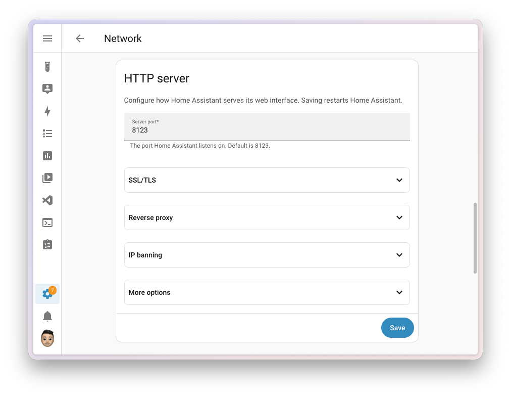 Design accesible 2026.8 2 Captura de pantalla de la configuración del servidor web en la interfaz de Home Assistant, mostrando opciones para el puerto, la conexión de red en la que escuchar y los proxies de confianza.